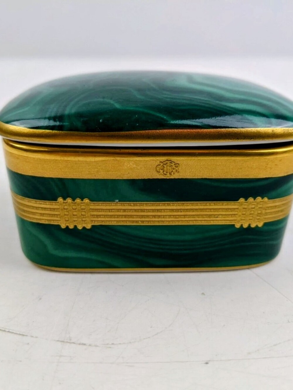 Green Malachite Glass Trinket Box with Gold Trim